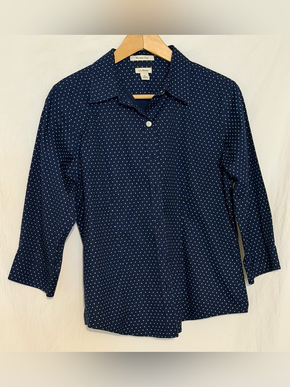 L.L. Bean Wrinkle Free Button Up Shirt Navy Blue White Micro Ditsy Dot Blouse
